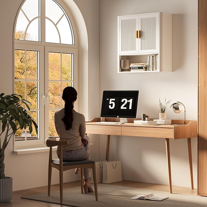 INNOD Bathroom Wall Cabinet, Wall-Mounted Medicine Cabinet with Adjustable Wood Shelf & Doors, Floating Bathroom Cabinet Over Toilet for Laundry Room & Kitchen & Living Room (White)