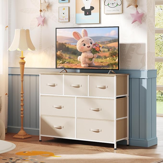 WLIVE 7 Drawer Dresser TV Stand, Entertainment Center, Media Console Table with Metal Frame and Wood Top for TV up to 45 inch, Chest of Drawers for Bedroom, Living Room, Cream White