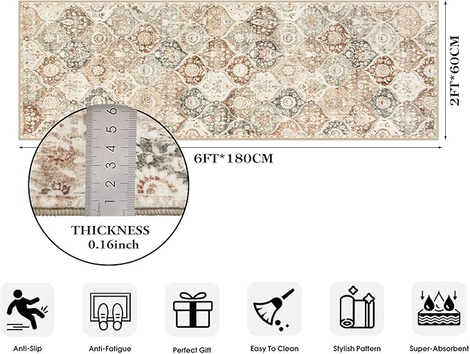 Lahome Moroccan Trellis Hallway Runner Rug, 2x6 Kitchen Runner Rugs Non Skid Washable, Vintage Laundry Room Rug Ultra-Thin Long Carpet for Bathroom Bedroom Entryway Elise, Khaki