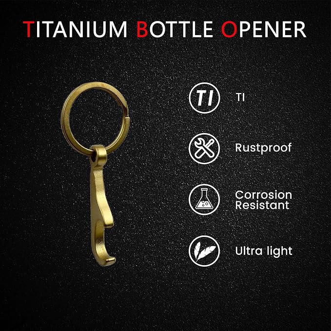 Titanium Bottle Opener, Small Keychain Beer Bottle Opener Can Opener with Stainless Steel Key Ring (Glod)