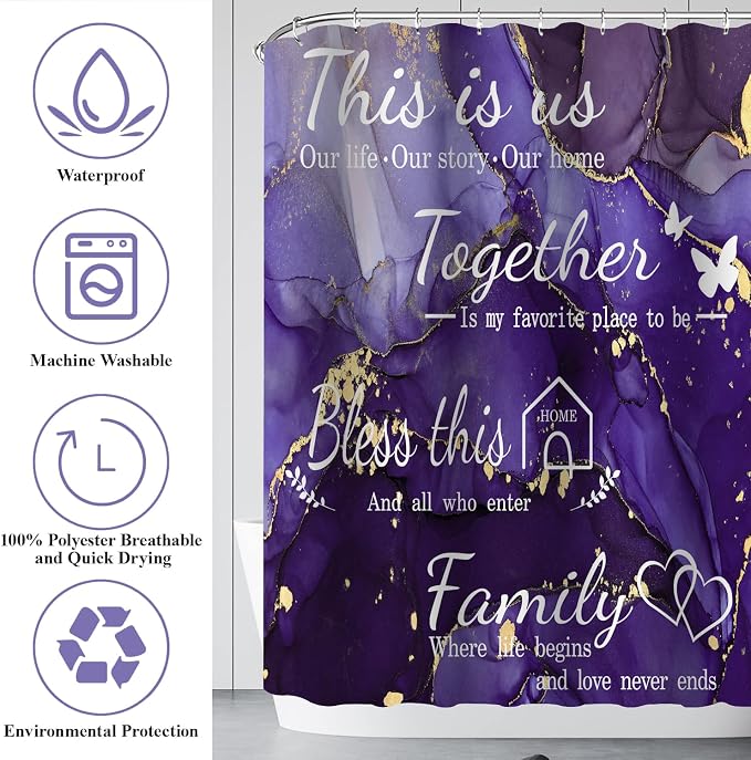 4Pcs Family Marble Shower Curtain Set,Purple Home Inspirational Bathroom Sets with Shower Curtain and Rugs, Bathroom Decor Set,Waterproof Bathroom Curtains Shower Set,with 12 Pcs Hooks