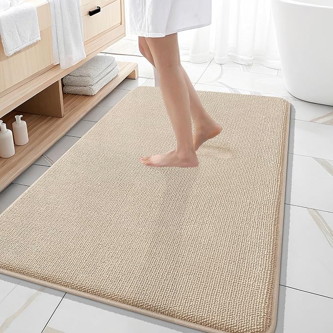 OLANLY Thick Memory Foam Large Bathroom Rugs 59x35, Extra Soft Absorbent Bath Rug, Quick Dry Bath Mats, Non-Slip, Machine Washable Carpet for Bathroom, Tub and Shower, Home Decor Accessories, Beige