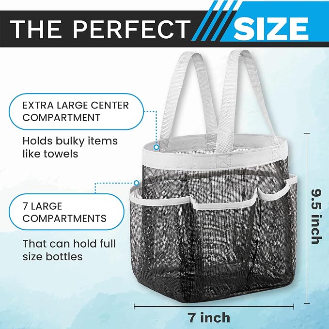 Handy Laundry Mesh Shower Caddy Portable for College Dorm Room Essentials, 7 Pocket Hanging Shower Bag Tote, Quick Dry Collapsible Toiletry Organizer for Gym, Beach, Travel, Camping (Black)