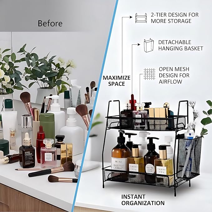 LEMIKKLE 2-Tier Bathroom Countertop Organizer,Skincare, Makeup Countertop Organizers, Kitchen, Bathroom Counter Storage with Small Basket (Black)
