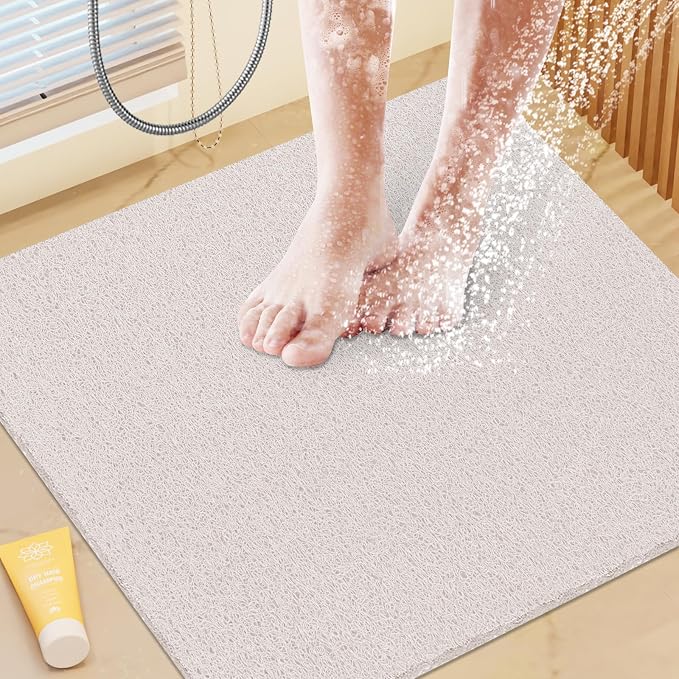 Shower Mat Bathtub Mat Non-Slip,24x24 inch, Soft Tub Mat with Drain,PVC Loofah Bath Mat (Phthalate Free) for Tub and Bathroom,Quick Drying,White