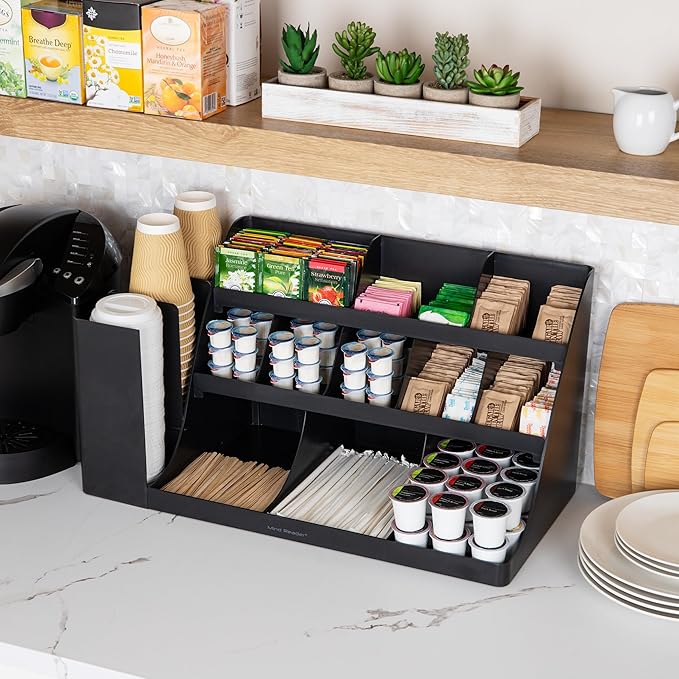 Mind Reader Cup and Condiment Station, Countertop Organizer, Coffee Bar, Kitchen, Stirrers, Black