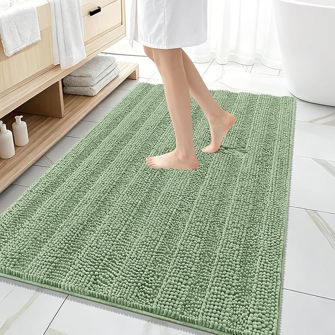 OLANLY Thick Large Bathroom Rugs 59x35, Extra Soft Absorbent Chenille Striped Bath Rugs, Rubber Backing, Machine Wash, Bath Mats for Bathroom Floor, Tub and Shower, Home Decor Accessories, Sage Green