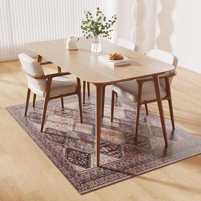 Floor Mat for Home 5×7ft, Easy Clean Plastic Rug-Like Pattern Area Mat for Living Room, Waterproof Vinyl Area Rug for Under Kitchen Table, No Slip Soft Vintage Rug for High Traffic Area (Brown)