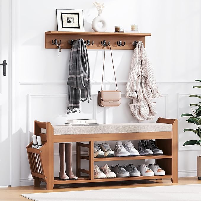PETKABOO 39.4" Shoe Bench with Coat Rack Hidden Drawer and Side Holder, 2 Tier Entryway Bench with Storage, Bamboo Shoe Rack with Cushion for Entryway Hallway Living Room Bedroom