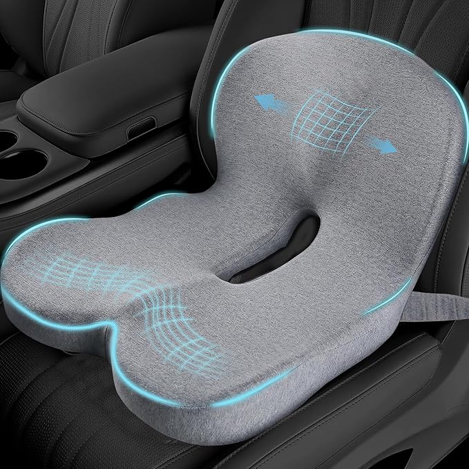 Car Seat Cushion, Memory Foam Driving Cushion with Adjustable Strap, Ergonomic Pad for Car & Semi Truck, Office Chair Cushion for Sciatica & Lower Back Pain Relief, Light Gray