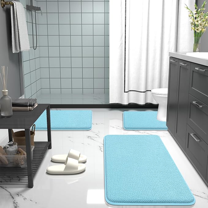 OLANLY Thick Memory Foam Small Bathroom Rugs 24x16, Extra Soft Absorbent Bath Rug, Quick Dry Bath Mats, Non-Slip, Machine Washable Carpet for Bathroom, Tub and Shower, Home Decor Accessories, Sky Blue