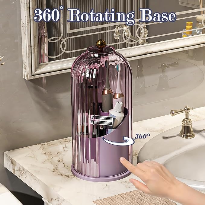Toothbrush and Toothpaste Holders with Cover, All Pink | Waterproof and Dustproof, 360° Rotating Base, Smooth Sliding Door, 3 Slots, for Bathroom Countertop