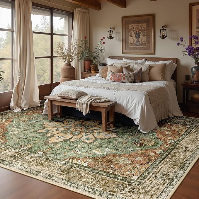 RELEANY Area Rugs 8'x10' Washable Non-Slip, Floral Vintage Distress Medallion Carpet for Living Room Bedroom Dining Room, Terracotta Burnt Orange Green