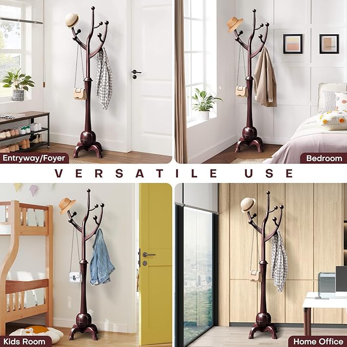 Bekrvio Coat Rack Freestanding Wood Tree Rack with 8 Hooks, Creative Design Tree Branch-look, Coat Tree Clothes Hanger Stand with Stable Sphere Base for Entryway, Hallway, Bedroom (Wine Red)