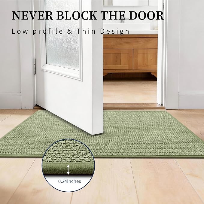 YIHOUSE Green Bathroom Rugs Sets 4 Piece, Quick Dry Non Slip Thin Bath Mat with Toilet Rug, Absorbent Machine Washable Bath Runner Rugs for Bathtub Sink Home Decor