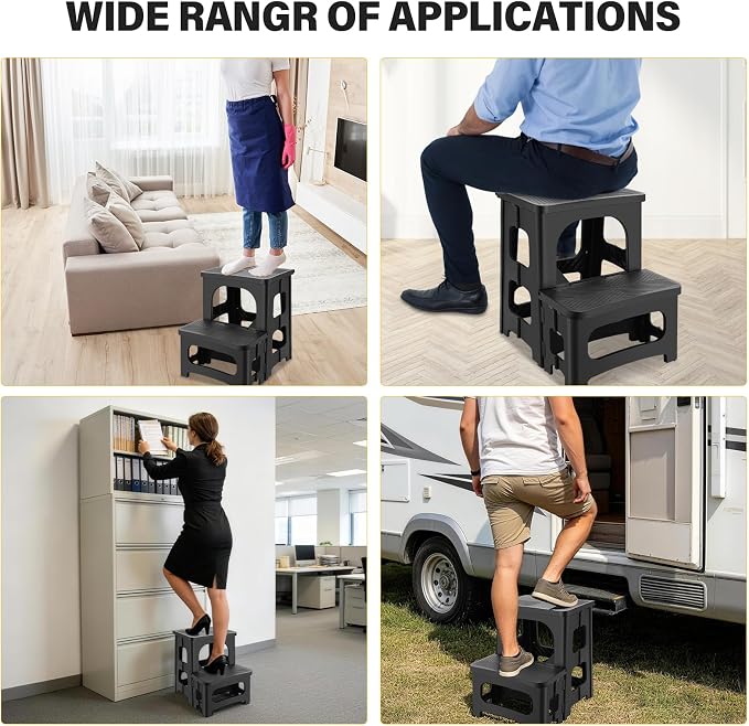Folding 2-Step Stool for Adults, Non-Slip Collapsible Footstool for Office, Portable Bedside Step Stool, Hold up to 300 lbs, Lightweight & Foldable Step Ladder for Pool Office Home RV