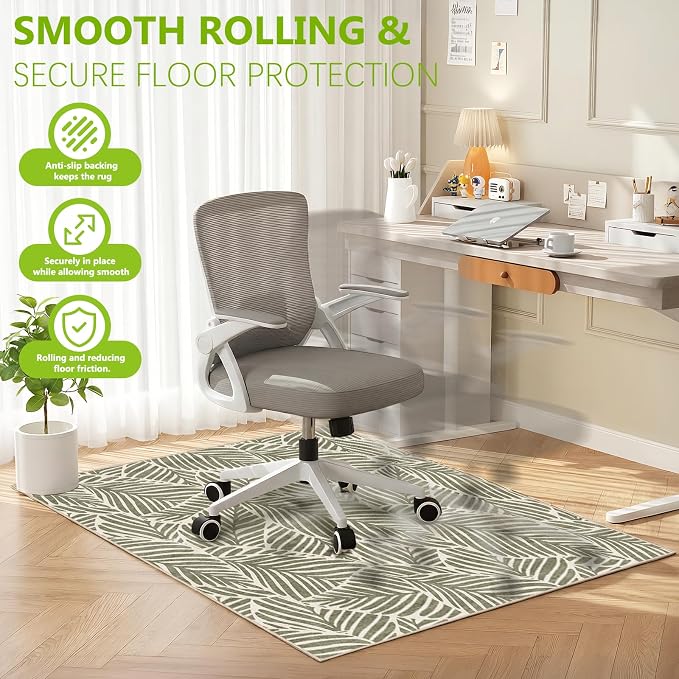 Office Chair Mat for Hardwood Floor & Tile Floor,36"x48"Heavy Duty Desk Chair Mat for Hard Floors, Under Desk Rug for Rolling Computer Chair,Anti Slip,Low Pile Carpet Floor-Green Leaves