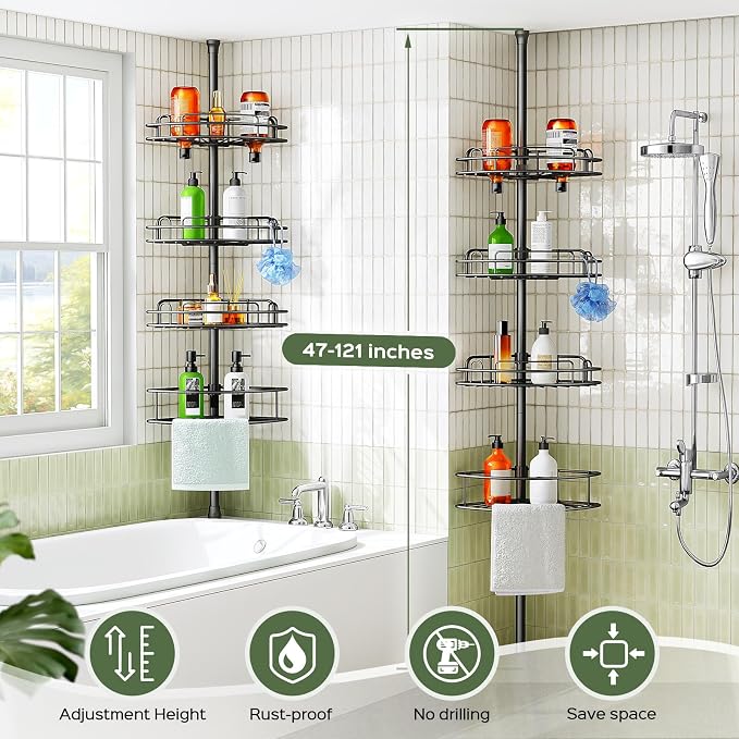 HAMITOR Corner Shower Caddy Tension Pole: 4-Tier Rust-Resistant Adjustable Bathroom Organizer Shelves - 47-121 Inch No-Drill Quick Installation - Space-Saving Storage for Renters Families - Black
