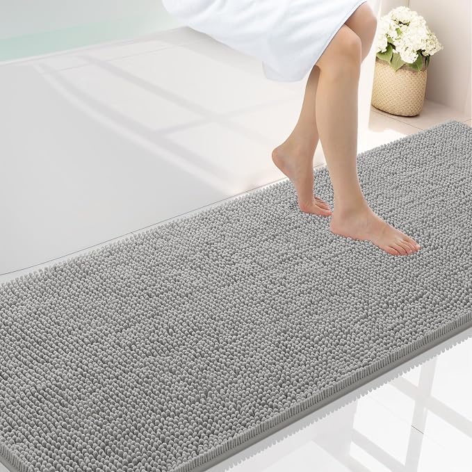 Smiry Luxury Chenille Bathroom Rugs 70x24, Extra Soft and Absorbent Shaggy Bath Mat, Machine Washable, Non-Slip Plush Carpet Runner for Tub, Shower, and Floor, Home Decor Accessories, Light Grey