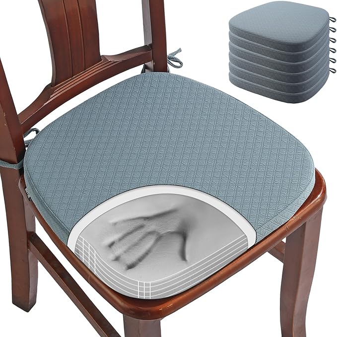 BUYUE Luxury Memory Foam Chair Cushions 6 Pack, Jacquard 16" U-Shape Comfortable Dining Chair Pads, Removable Slip Resistant Kitchen Chair Seat Cushions (Set of 6, Sky Blue)