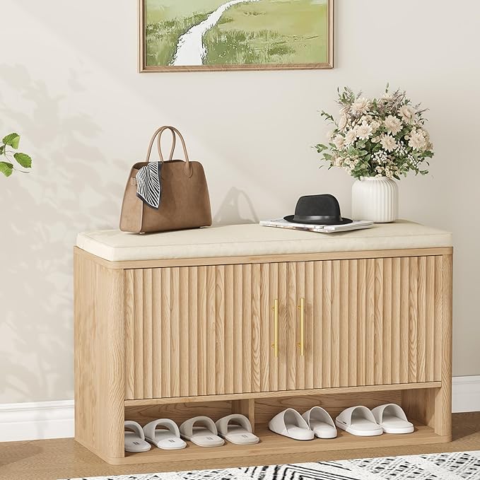 Fluted Shoe Storage Bench with Cushion, Entryway Bench with Adjustable Shelves and Open Bottom Shelf, Hidden Shoe Cabinet Storage for Entryway, Hallway, Living Room, Bedroom, Natural Oak
