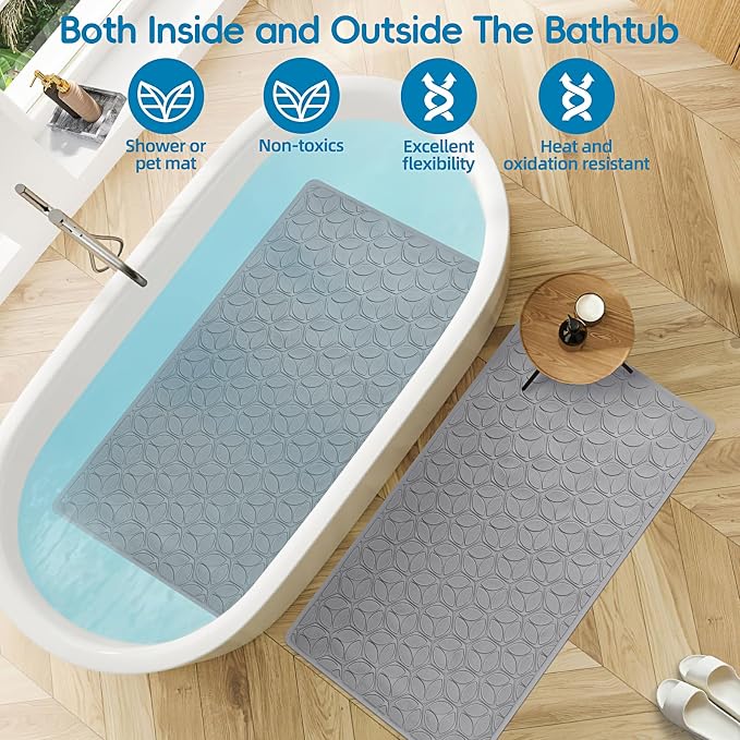 Bathtub Mat Non Slip with Suction Cups - 100% Rubber Bathroom Mat Textured for Bath Tub Shower Safety - Soft on Touch - BPA/PVC Free - Pet Dog Bath Mat - Machine Washable - 16 × 28 Inch（Gray）