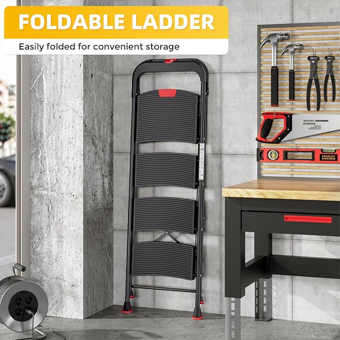 TOOLF 4 Step Ladder Folding Step Stool, Heavy Duty Steel Ladder with Tool Tray, Anti-Slip Wide Pedal, Portable Step Ladder for Home Kitchen Garage, 800 lbs Capacity, Black