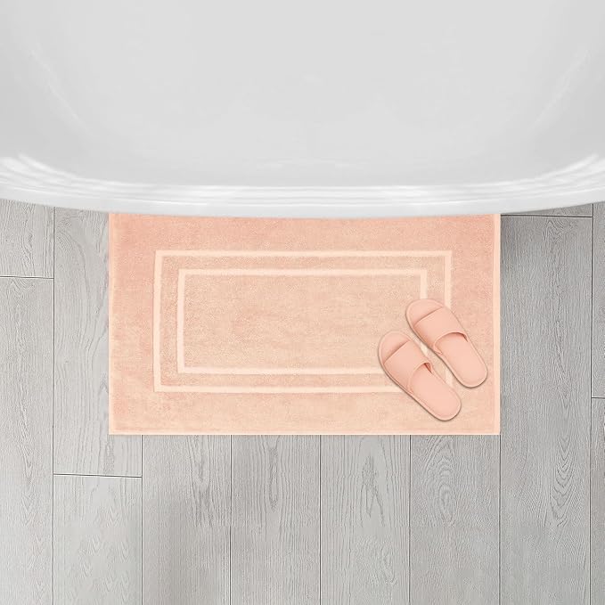 Feather & Stitch 2 Piece Towel Like Bath Mats (30x21 Inch) 100% Cotton Terry Bath Mats, Bathroom Shower Floor Mats [NOT A Bathroom Rug], Soft Absorbent Washable Mats - Pale Peach