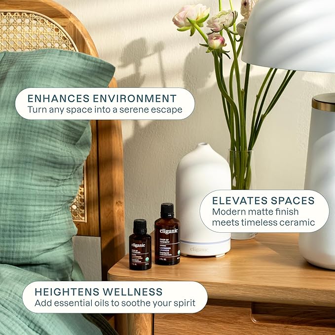 Cliganic Serenity Essential Oils Diffuser Set – Aromatherapy Humidifier with LED for Home, Office & Bedroom Includes Frankincense, Lavender, Grounded & Sleep Essential Oils Christmas Gift Kit