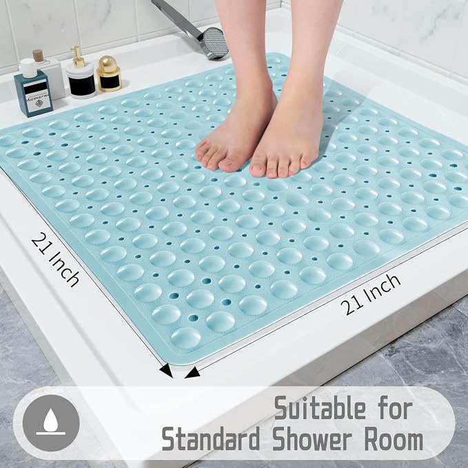 Yimobra Shower Stall Mat Non Slip, 21X21 Inch, Soft Square Bath Mat for Shower with Suction Cups and Drain Holes, Stall Floor Mats for Bathroom, Machine Washable, Bathroom Accessories, Light Blue