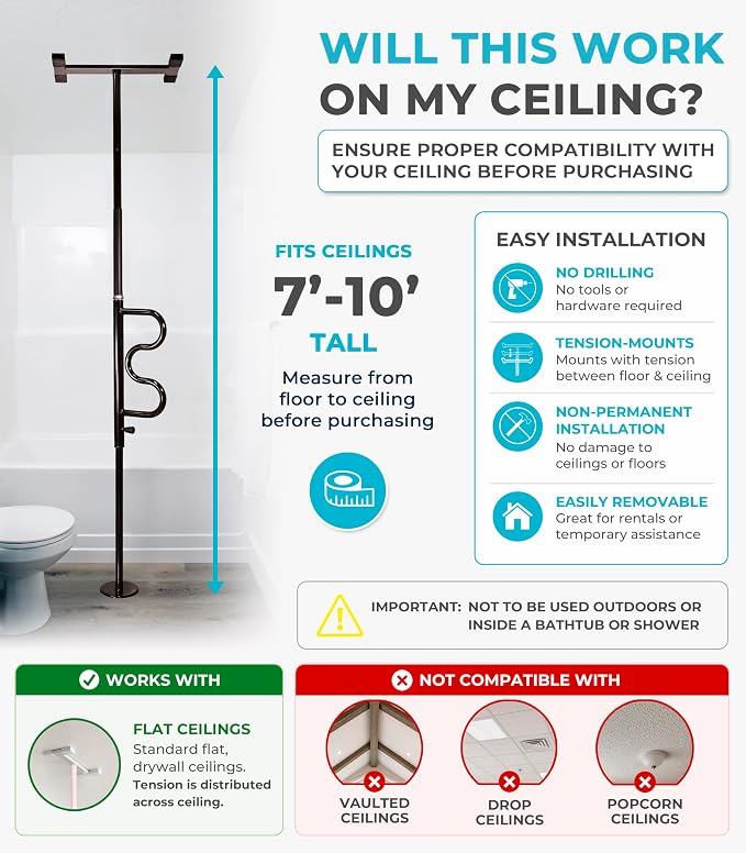 Stander Wonder Pole Plus with Rotating Double Grab Bar, Tension Mounted Security Pole for Seniors & Elderly Adults, No-Drill Floor to Ceiling Transfer Pole for Home & Bath Safety, Black