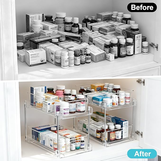 2 Tier Under Sink Organizer Bathroom Organizers and Storage, Clear Stackable Bathroom Cabinet Organizer, Multipurpose Pull-Out Home Organizer for Kitchen and Pantry Storage 2 Pack