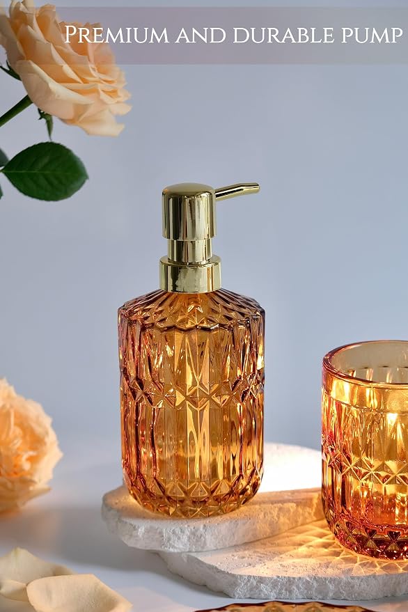 LaMarriti Amber Bathroom Accessories Set, 5Pcs Clear Glass Bathroom Sets, Hand Soap Dispenser, Soap Dish, Toothbrush Holder Set, Qtips Holder for Crystal Vintage Bath Decor, Set