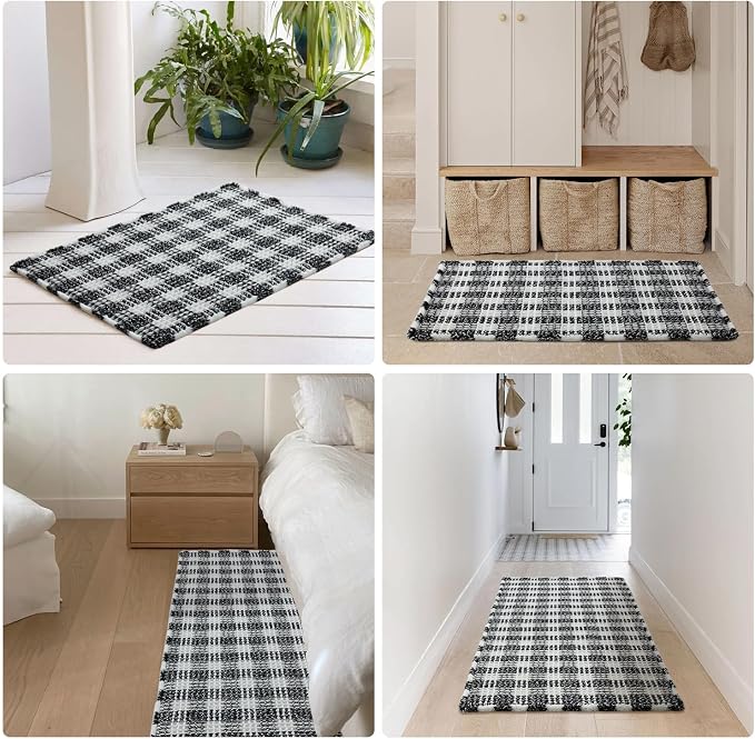 TYUU Waffle Runner Rug Bathroom, Long Boho Bathroom Rugs Non Slip Washable Absorbent Checkered Bathroom Mat Quick Dry Farmhouse Bath Mat, 72"x24" Black and White