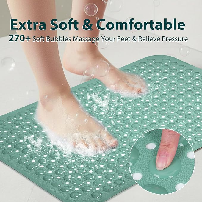 Large Shower Mat 21.5x33.5 Inch Mars Green, Soft Non Slip Shower Mats for Inside Shower with Big Suction Cups Drain Holes, Extra Large Bath Bathtub Mat Floor Stall Mats, BPA-Free, Easy Clean