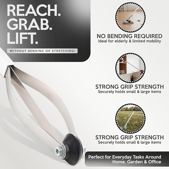 Suction Cup Grabber Reacher 32"" - Elderly Grab It Reaching Pickup Tool Heavy Duty for Seniors - Trash, Sticks, Litter Picker Upper - Extra Long Reach Handle & Handy Extension Arm Claw (2), Grey