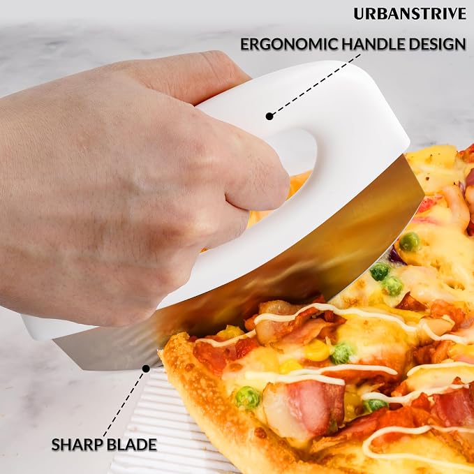 Urbanstrive Heavy Duty Stainless Steel Pizza Cutter with Cover, Super Sharp Blade Pizza Knife Pizza Cutter Rocker, Perfect Kitchen Gadgets for Pizza Cutting Home Essentials, White