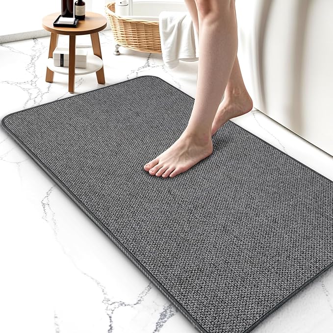 Upgraded Bath Mat 24x36Inch, Thin Bath Mats Rugs with Rubber Backing Non-Slip, Absorbent,Quick Dry Machine Washable, Home Decor Accessories Cozy Cloth Bathroom Rugs fit Under Door/Sink/Tub-Dark Grey