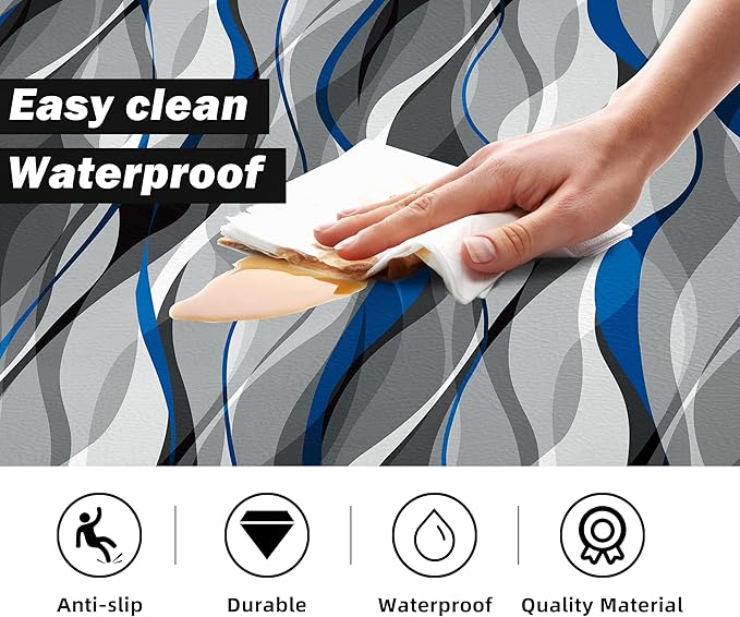 Kitchen Mats for Floor Modern Abstract kitchen rugs Grey and Blue Stripe Anti Fatigue Kitchen Mats Waterproof Floor Mats Cushioned Non-Skid Standing Mats for Kitchen, Set of 2,17.3 x 28+17.3 x 47