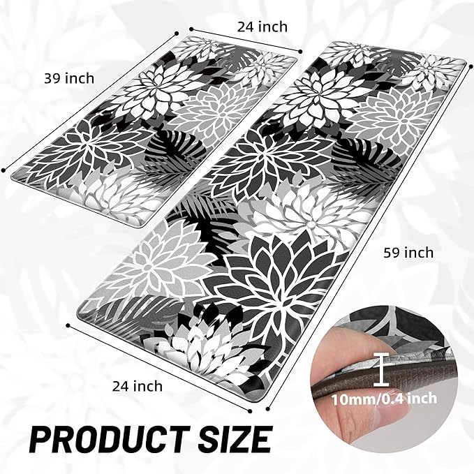 Arenarug Kitchen Mats for Floor 2PCS Cushioned Anti Fatigue Kitchen Mats Waterproof Non Slip Kitchen Mat Rug Set Comfort Foam Standing Mat for Sink, Laundry, Office, 24"x39"+24"x59", Black White