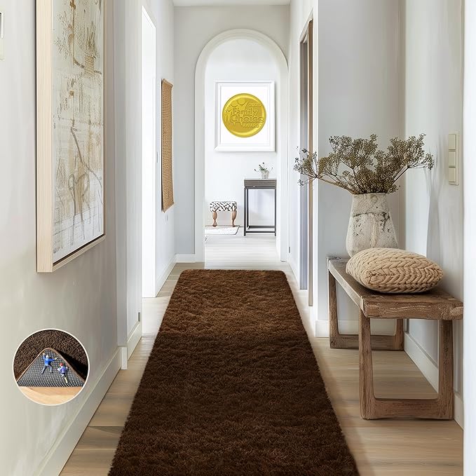 Ophanie Runner Rug for Hallway, 2x6 Washable Non-Slip Fluffy Soft Bedside Rugs, Bedroom Living Room Shaggy Carpet for Kids Girls Boys Dorm Nursery Home Decor Aesthetic, Brown