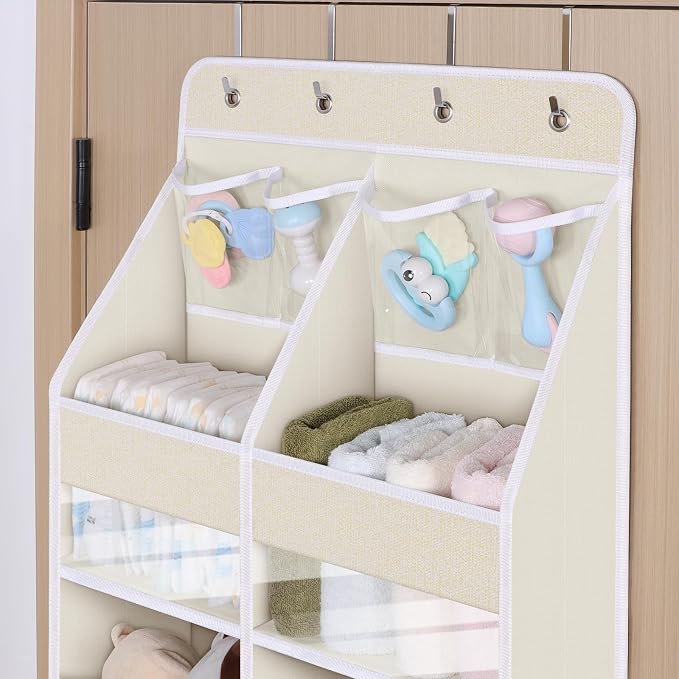 Univivi 5-Shelf Fabric Door Storage Over Door Hanging Organizer with 8 Large Pockets and 4 Small PVC Pockets Closet Cabinet Wall Mount Hanging Storage Organizers for Baby Nursery (Beige Pattern)