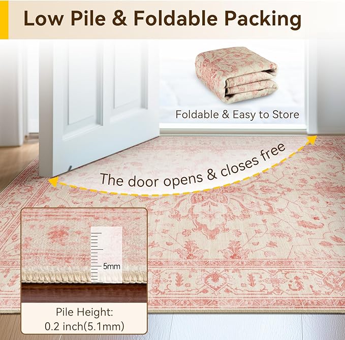 RELEANY Area Rugs Runner 2'x8' Washable Non-Slip, Floral Vintage Distress Medallion Carpet for Kitchen Hallway Bedroom Beside Laundry Room Bathroom, Pink Light Vintage Pink