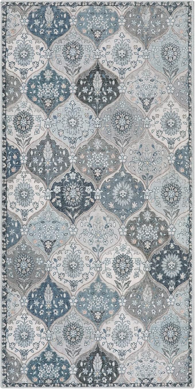 Lahome Moroccan Trellis Small Area Rug, 2x4 Rugs for Entryway Non-Slip Vintage Ultra-Thin Washable Indoor Door Mat Distressed Throw Carpet for Bathroom Kitchen Bedroom Elise, Blue