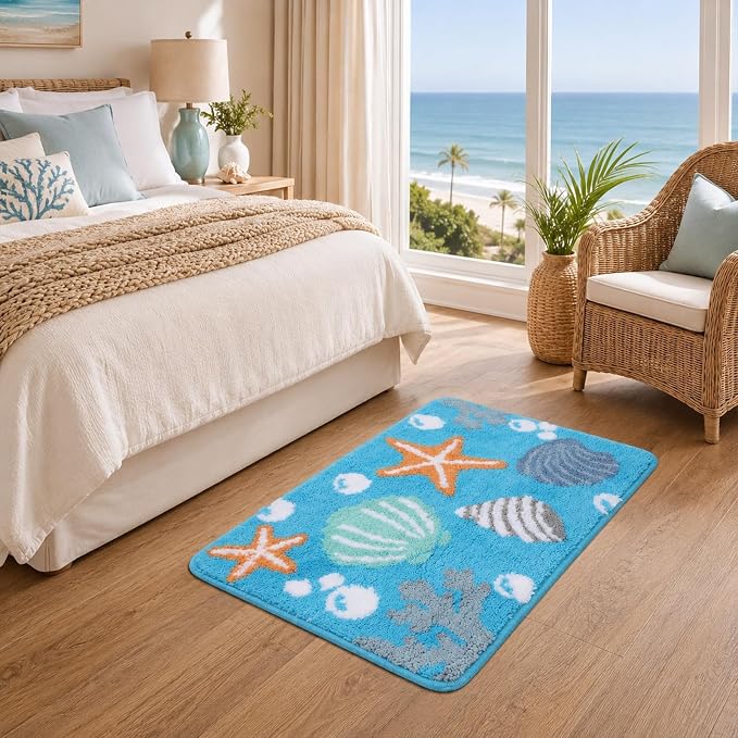 Capoda 1 Pcs Coastal Beach Bathroom Rug 20 x 30 Inch Starfish Seashells Coral Bath Mat Non-Slip Soft Plush Microfiber Ocean Themed Shower Rug for Bathroom Bedroom Entryway Decor(Coastal, Light Blue)