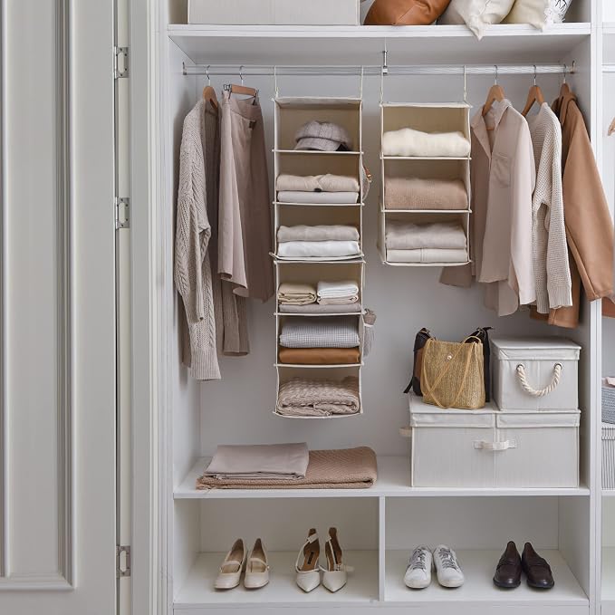 StorageWorks 6-Shelf Closet Organizers, Two 3-Shelf Separable Hanging Shelves for Closet, 12" D x 12" W x 48 ¼"H, Mixing of Beige, White & Ivory