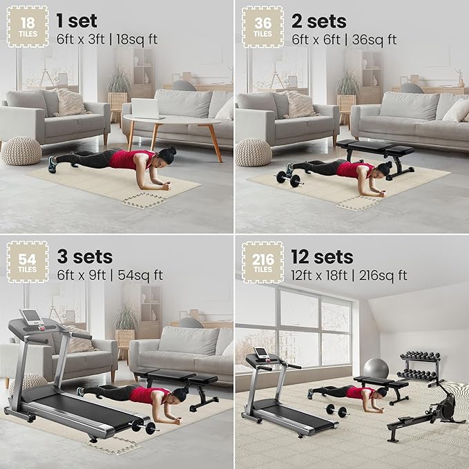 bemaxx Gym Mats Set - 18 pcs EVA Interlocking Foam Floor Tiles (12.6"x12.6"x0.4") 18sqft Protective Gym Flooring Sports Home Workout Exercise Mats Puzzle Garage Fitness Play-Room Pool Treadmill Bike