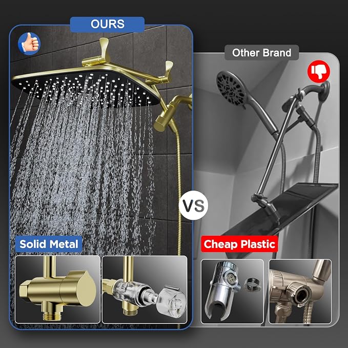 Veken 11.8" Rain Shower Head with Handheld, High Pressure Handheld Shower with Multi Spray Modes, Rainfall Combo with Metal Extension Arm, Detachable Dual Showerhead, Bathroom Decor, Gold