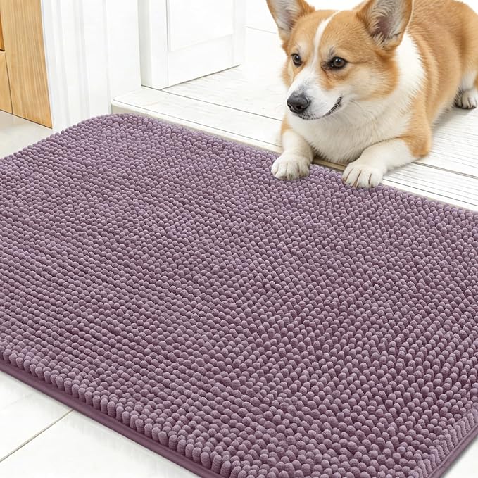 OLANLY Dog Door Mat for Muddy Paws 24x16, Absorbs Moisture and Dirt, Absorbent Non-Slip Washable Doormat, Quick Dry Chenille Mud Mat for Dogs, Entry Indoor Entryway Carpet for Inside Floor, Deep Plum