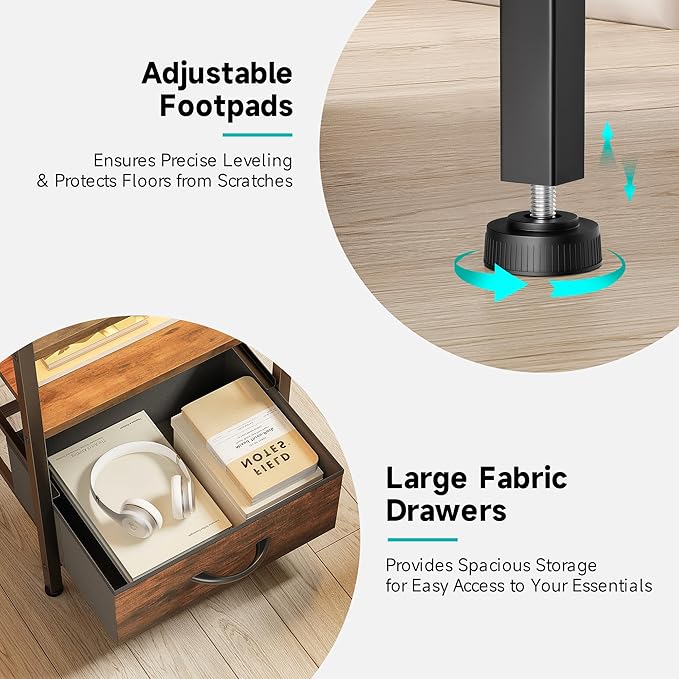 Lazzanto Night Stand Bedside Table Bedroom - Nightstand with Charging Station, Night Stand with LED Light Strip, End Table with U-S-B Ports & AC Outlets, Storage Shelf & 2 Fabric Drawers, Rustic Brown